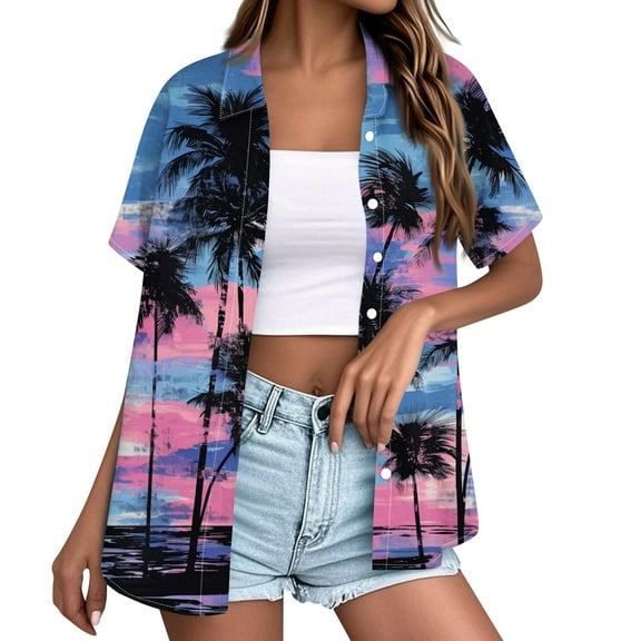 DENGDENG Royal Blue Womens Hawaiian Shirts Beach Floral Tropical Print Button Down Shirts Vacation V Neck Summer T Shirts Funny Tops Royal Blue XL