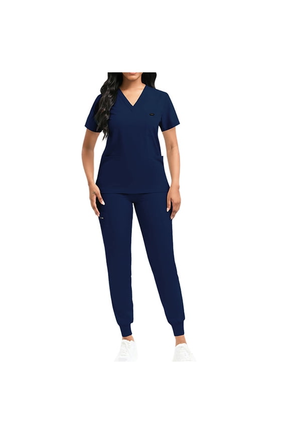 Scrub Set Women Stretch Nursing V Neck Short Sleeve Scrub Top Jogger Wide Leg Pants Workwear Nurse Uniform Breathable Scrubs Set with Multi Pocket,Dark Blue M