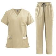 DENGDENG Scrub Set Women Workwear Nursing Uniform V Neck Short Sleeve Scrub Tops Drawstring Jogger Pants Soft and Stretchy Nurse Trendy Scrubs Set with Multi Pocket,Khaki M