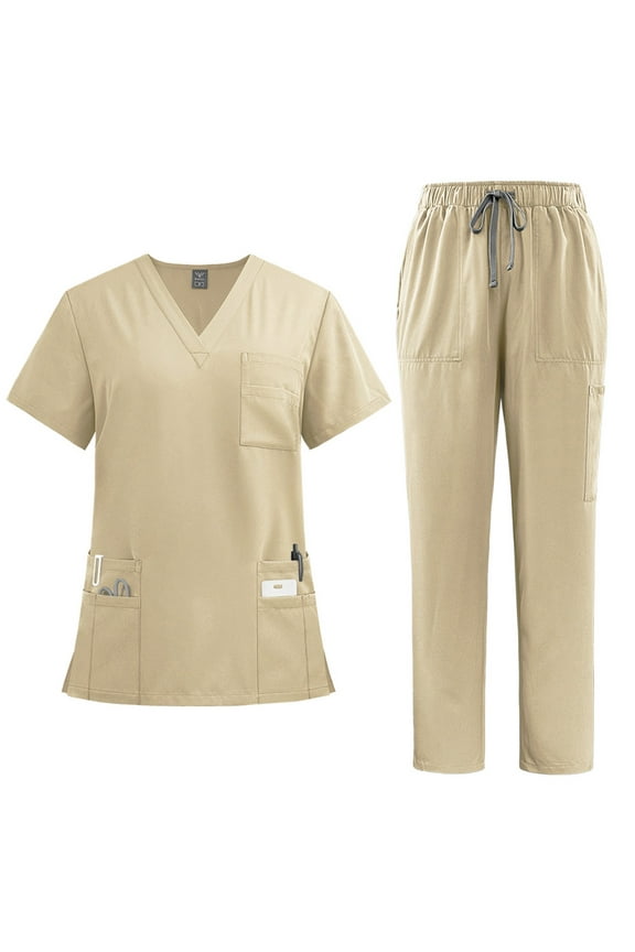 Scrub Set Women Workwear Nursing Uniform V Neck Short Sleeve Scrub Tops Drawstring Jogger Pants Soft and Stretchy Nurse Trendy Scrubs Set with Multi Pocket,Khaki M