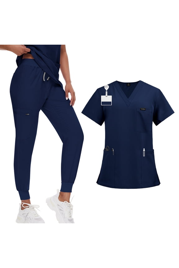 Scrub Sets Women Work Nursing Uniform V-Neck Short Sleeve Scrub Tops & Elastic Waist Jogger Pants 4 Way Stretch Nurse Breathable Scrubs Set with Pockets,Dark Blue M