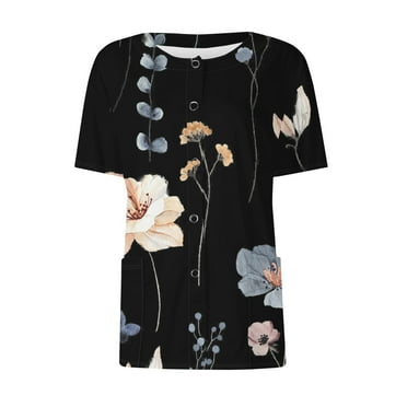 DENGDENG Scrub Tops Women Plus Size Summer Floral Print Short Sleeve Scrubs Fashion Snap Front Casual Crew Neck Working Nurse Uniforms with 2 Pockets Beige 5XL