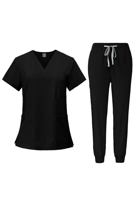 Scrub Women Set Soft and Stretchy Nursing Uniform Short Sleeve V Neck Scrub Tops Straight Leg Jogger Pants Workwear Nurse Quick Drying Scrub Suit with Pockets,Black XL