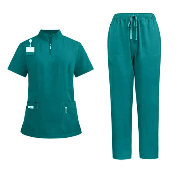 DENGDENG Scrubs for Petite Women Set Stretch Nurse Uniform Short Sleeve Quarter Zip Up V-Neck Scrub Tops & Jogger Wide Leg Pants Workwear Nursing Plus Size Scrubs Set with Multi Pocket,Blue XXL