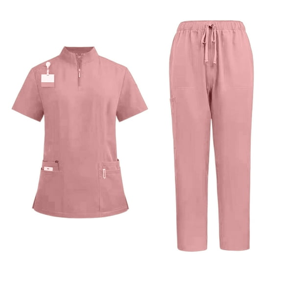 DENGDENG Scrubs for Women Plus Size Set 4 Way Stretch Nurse Uniform Quarter Zip Up V-Neck Short Sleeve Scrub Top & Drawstring Jogger Pants Work Nursing Plus Size Scrubs Set with Pockets,Pink M