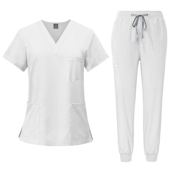 DENGDENG Scrubs for Women Set Petite Work Nursing V Neck Short Sleeve Scrub Tops & Drawstring Jogger Pants Stretch Nurse Uniform Comfortable Scrubs Set with Pockets,White S