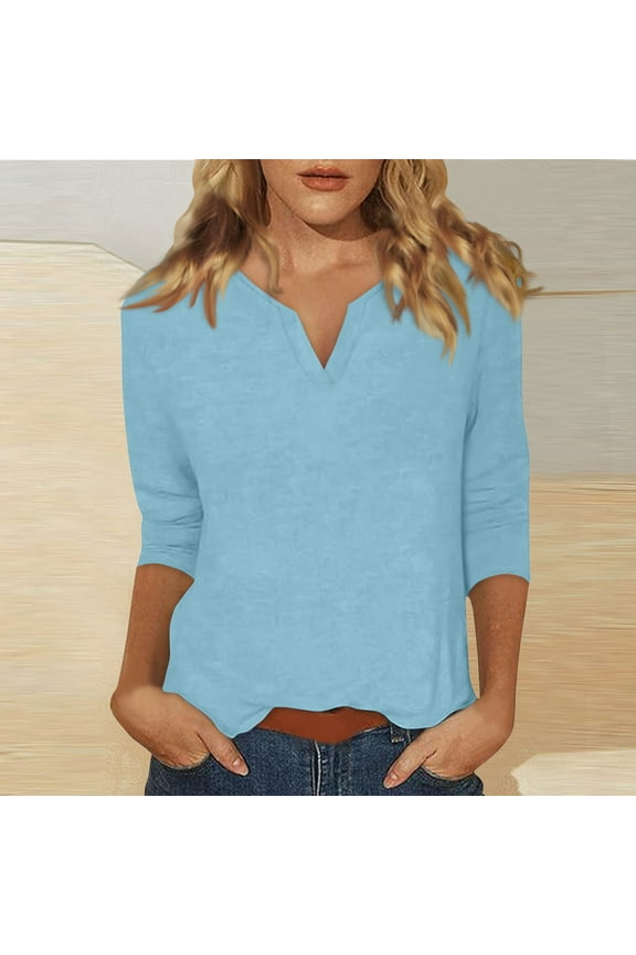 Shirts for Women 3/4 Sleeve Large Women Elbow Sleeve V-Neck Tops Work Summer Casual T-Shirts Loose Three Quarter Length Tunic Tops Spring Trendy Blouses Light Blue L