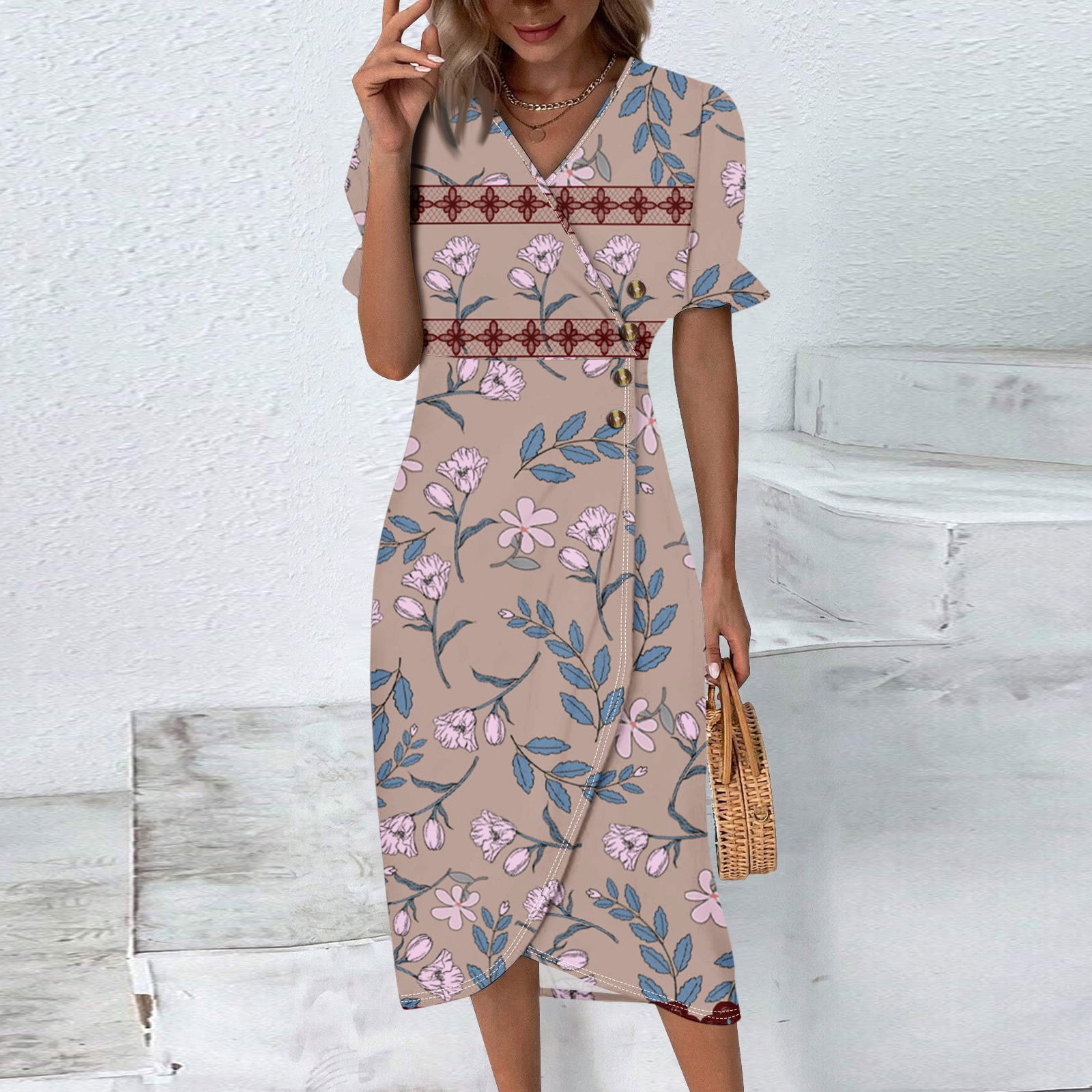 DENGDENG Spring Casual Dresses for Women 2024 Trendy Ethnic Floral Wrap V Neck Boho Dresses