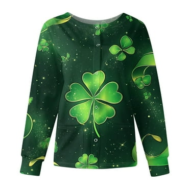 DENGDENG St. Patrick's Day Scrub Jackets for Women Prints Long Sleeve Lucky Green Working Nursing Uniforms with Pockets Shamrock Clover Button Down Scrub Tops Plus Size Snap Front Shirt Funny Blouse