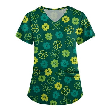 DENGDENG St. Patrick's Day Womens Scrub Tops Clearance Lucky Shamrock Green Working Nursing Uniforms with Pockets Clover Short Sleeve V Neck T Shirts Loose Scrubs Casual Green S
