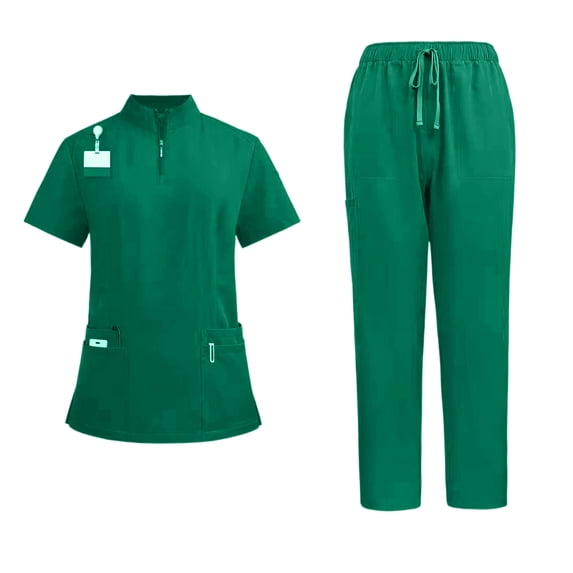 DENGDENG Stretch Women Scrub Set Workwear Nursing Uniform V-Neck Short Sleeve Scrub Tops Drawstring Jogger Pants 4 Way Stretch Nurse Comfortable Scrub Suit with Multi Pocket,Army Green S