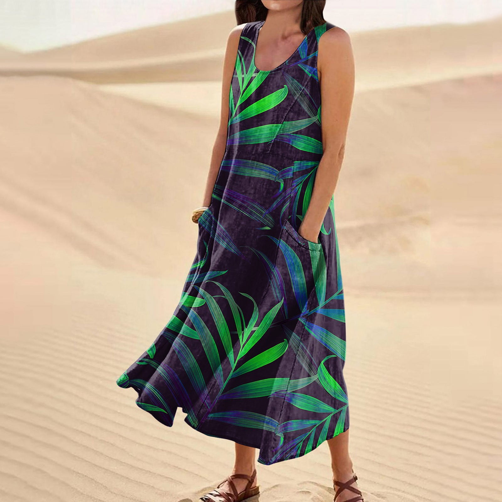 DENGDENG Summer Dresses 2024 Sleeveless Print Maxi Dress with Round