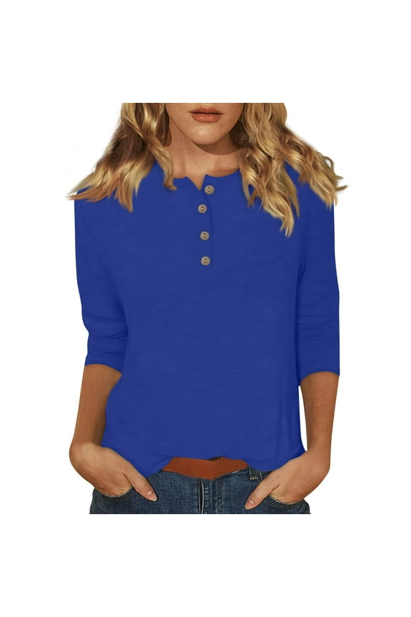 Womens 3/4 Sleeve T Shirts Plus Size Crew Neck Elbow Sleeve T Shirts Button Down Summer Casual Shirts Petite Three Quarter Length Tunics Fashion 2025 Solid Color Blouses Dark Blue XL