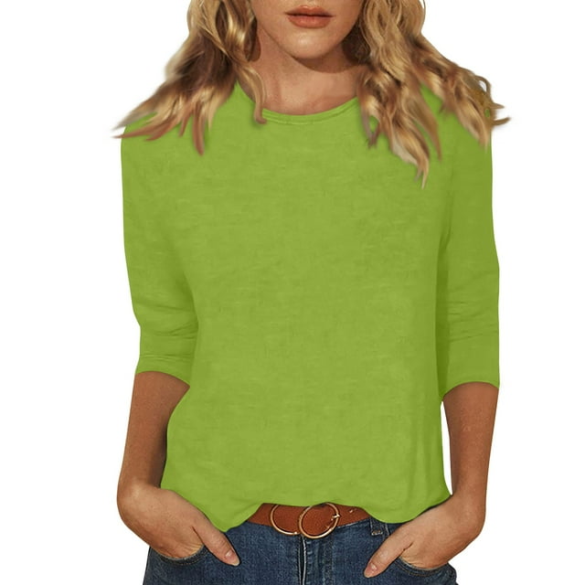 DENGDENG Summer Tops for Women 3/4 Sleeve Women Shirts Crew Neck Solid Color Blouses Elbow Loose Fit Plus Size Tee Shirt Boho Clothes Black 3XL Green XL