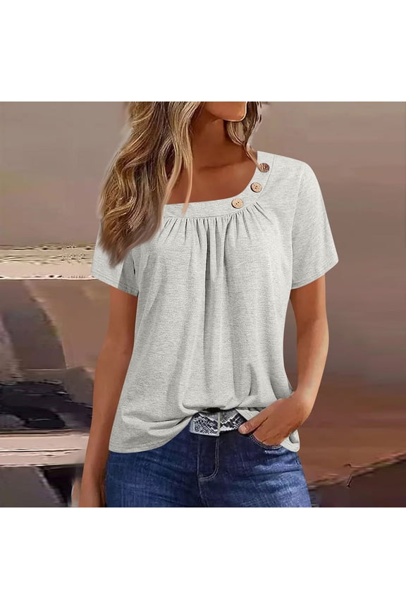 Summer Tops for Women 2024 Trendy Short Sleeve Fashion Button Square Neck Blouses Cute Petite Tops Shirts Dressy Tunic Tees, Light Gray XL