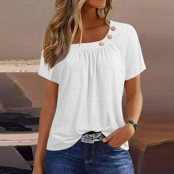DENGDENG Summer Tops for Women 2024 Trendy Short Sleeve Fashion Button Square Neck Blouses Cute Petite Tops Shirts Dressy Tunic Tees S