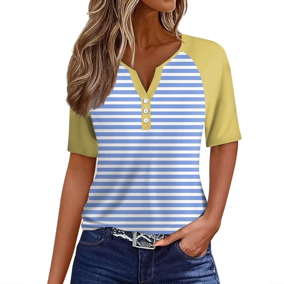 DENGDENG Summer Tops for Women, Striped V Neck Button Down Short Sleeve Casual Blouses Fashion Print Loose Fit Shirts Light Blue L