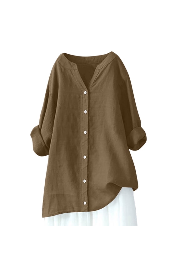 Summer Tops for Women Trendy Long Sleeve Cotton Linen Shirt Casual Button Down V Neck Tunic Gauze Blouses, #01 Light Brown 5XL