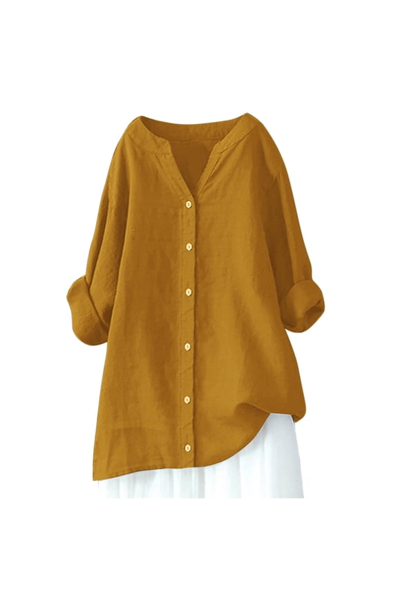 Summer Tops for Women Trendy Long Sleeve Cotton Linen Shirt Casual Button Down V Neck Tunic Gauze Blouses, #01 Saffron 5XL
