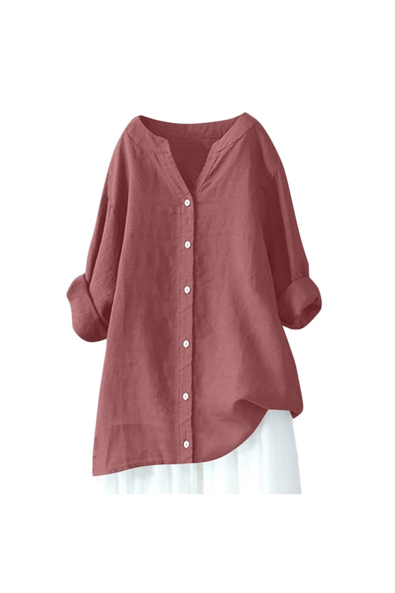 Summer Tops for Women Trendy Long Sleeve Cotton Linen Shirt Casual Button Down V Neck Tunic Gauze Blouses, #01 Watermelon Red 3XL