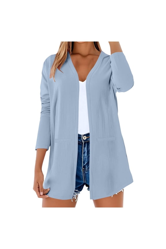 Sweaters for Women Cotton Cardigan Dressy Long Sleeve Open Front Long Cardigan Casual Lightweight Trendy Kimono Cardigans Thin Outwear Light Blue M