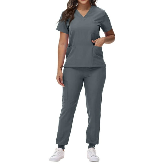 DENGDENG Tall Scrub Sets for Women Work Nurse V Neck Short Sleeve Scrub Tops & Straight Leg Jogger Pants Soft and Stretchy Nursing Uniform Loose Fit Scrubs Set with Multi Pocket,Gray M