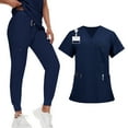 thumbnail image 1 of DENGDENG Tall Scrubs Sets for Women Long 4 Way Stretch Nursing Uniform Short Sleeve V Neck Scrub Tops and Jogger Wide Leg Pants Workwear Nurse Comfortable Scrub Suit with Multi Pocket,Dark Blue L, 1 of 5