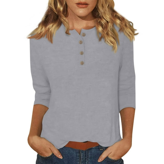 DENGDENG Three Quarter Sleeve Tops for Women Plus Size Casual Summer Tshirts Elbow Sleeve Round Neck Button Down Tunics Boho Three Quarter Length Shirts Fashion 2025 Pullover Gray XL