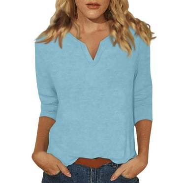 DENGDENG Three Quarter Sleeve Womens Tops Loose Fit Summer Solid V Neck T Shirts Casual Elbow 3/4 Length Sleeve T-Shirt Fashion Petite Blouse Plus Size Tunic Top Light Blue XL