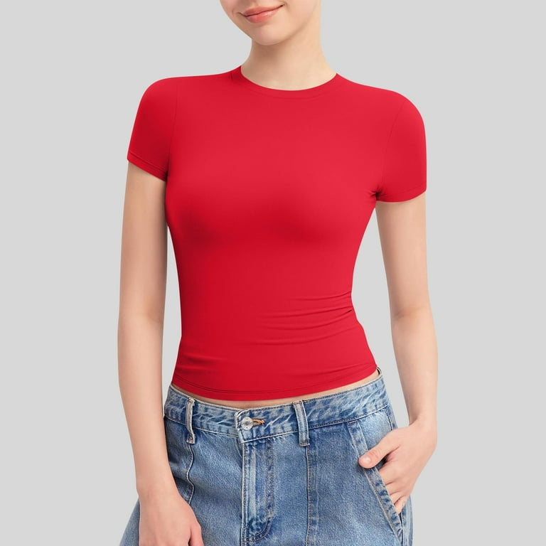 ◆KODAK◆ Recipe  Washing Short Sleeve T-shirt Women RED DENGDENG Tshirts for Women Basic Short Sleeve Crew Neck