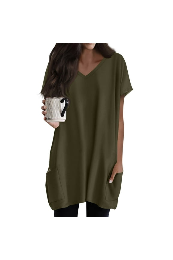 Tunic Dress for Women Summer 2025 Short Sleeve V Neck Shirts for Women for Leggings Boho Tshirts Trendy Lightweight Blouse Army Green L