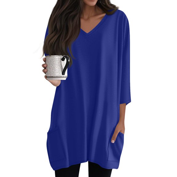 DENGDENG Tunics for Leggings Women 2025 Summer 3/4 Sleeve V Neck Long Shirts Casual Holiday Tees Dressy Petite Blouses Blue L