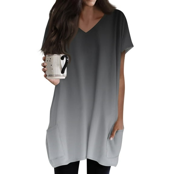 DENGDENG Tunic Shirts for Women Fashion Short Sleeve V Neck Long Shirts To Wear with Leggings Summer Holiday Tees Plus Size Work Clothes Gray 3XL