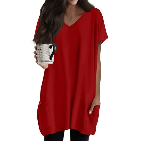 DENGDENG Tunic Tops for Women Loose Fit Dressy Summer 2025 Holiday Short Sleeve V Neck Long Shirts for Leggings T Shirts Comfy Blouses Red XL