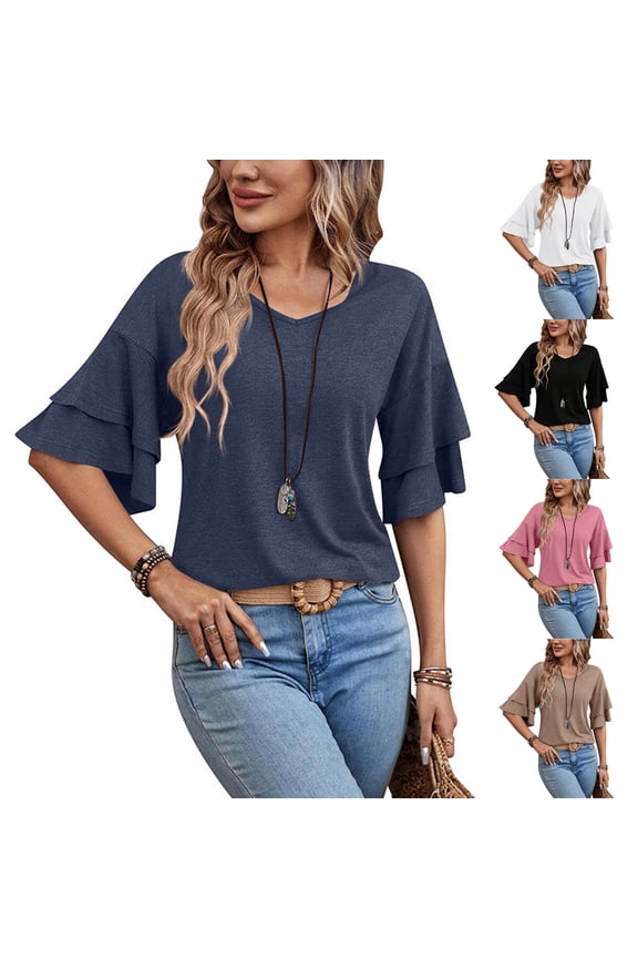 V Neck Double Layer Flounce Short Sleeve Casual Tunic for Women Loose Fit Fashion Blouse, #01 Navy S