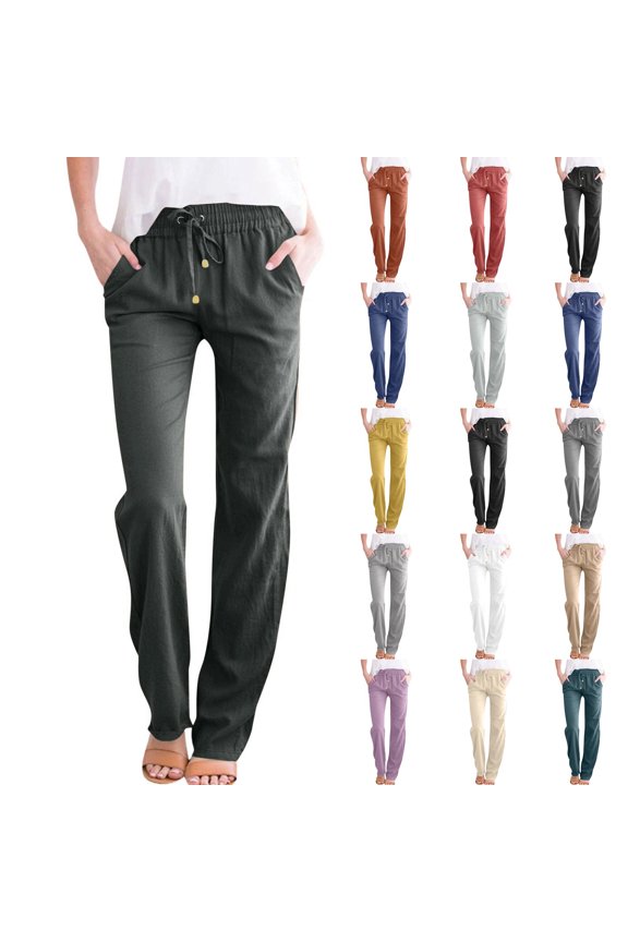 Vacation-Ready Linen Wide Leg Pants for Women – Drawstring Elastic Waist Casual Summer Holiday Trousers, Dark Gray S