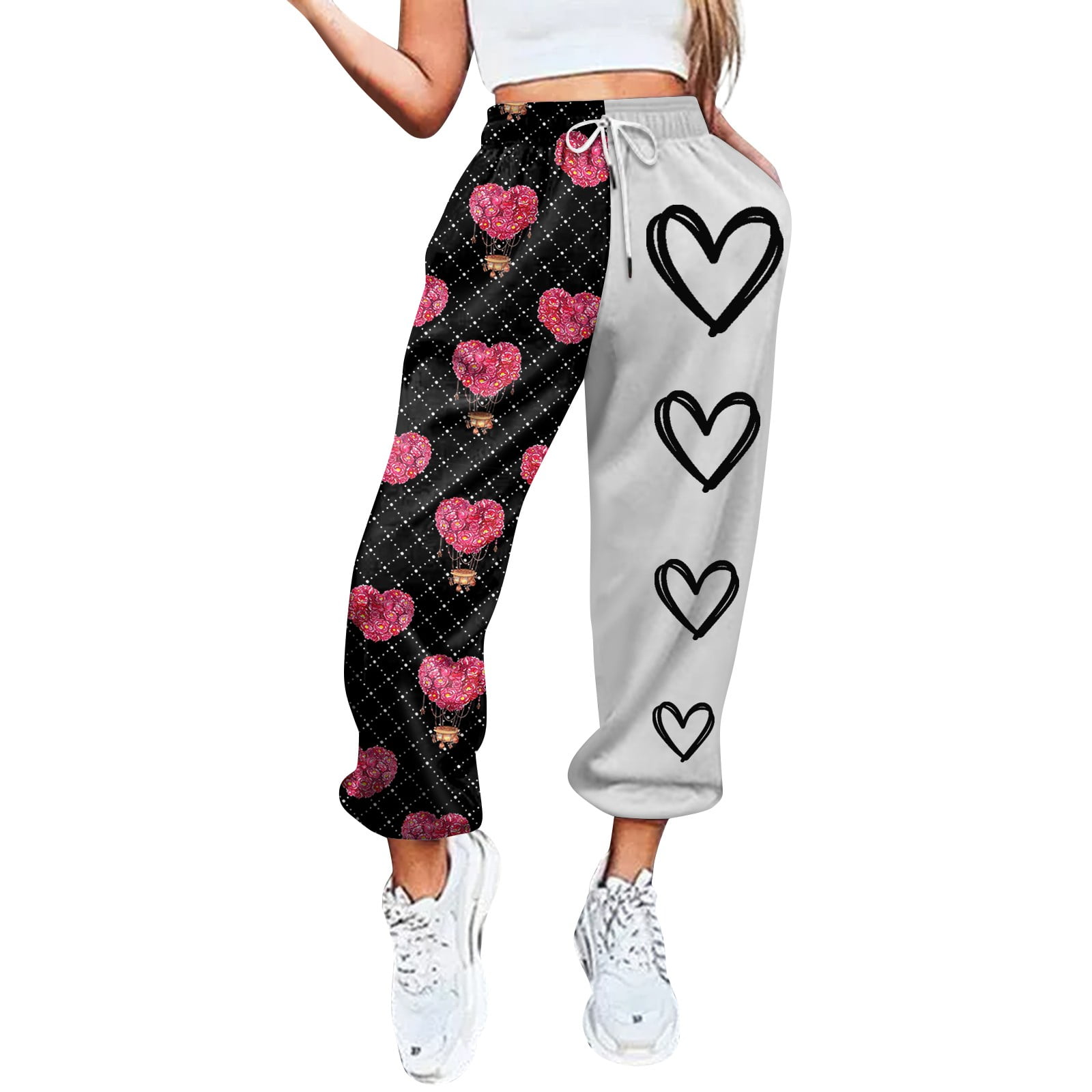 DENGDENG Valentine's Day Sweatpants Womens Plus Size Fall Love Heart Printed  Baggy Pants with Pockets Open Bottom Wide Leg High Waisted Sweatpants  Drawstring Joggers Pants Watermelon Red S 