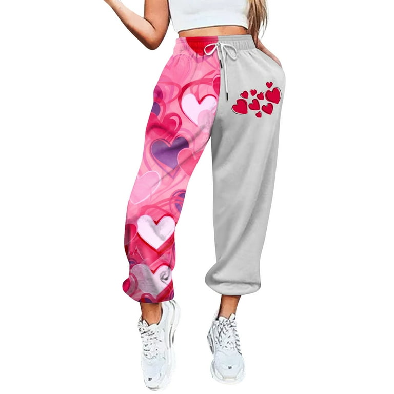 DENGDENG Valentine's Day Women's Wide Leg Sweatpants Fall Love Heart  Printed Joggers Pants Comfy High Waisted Sweatpants Plus Size Drawstring  Baggy