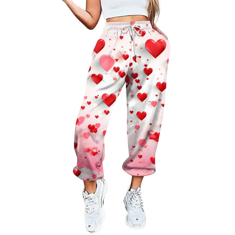 DENGDENG Valentine's Day Womens Sweat Pants Loose Fit Drawstring Plus Size  Joggers Pants Jogging Wide Leg High Waisted Sweatpants Fall Love Heart
