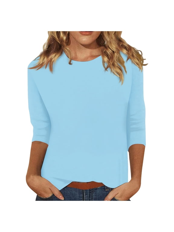 Western Tops for Women Plus Size 3/4 Length Sleeve Womens Compression Shirt Crew Neck Solid Color Blouses Fall Elbow T-Shirts Dressy Loose Fit Clothes Light Blue L