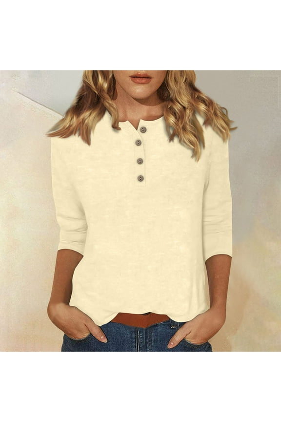 White 3/4 Sleeve Tops for Women Casual Elbow Sleeve T Shirts Summer Button Down Crew Neck Tunic Tops Spring Three Quarter Length Blouses Petite Trendy Shirts Complexion L