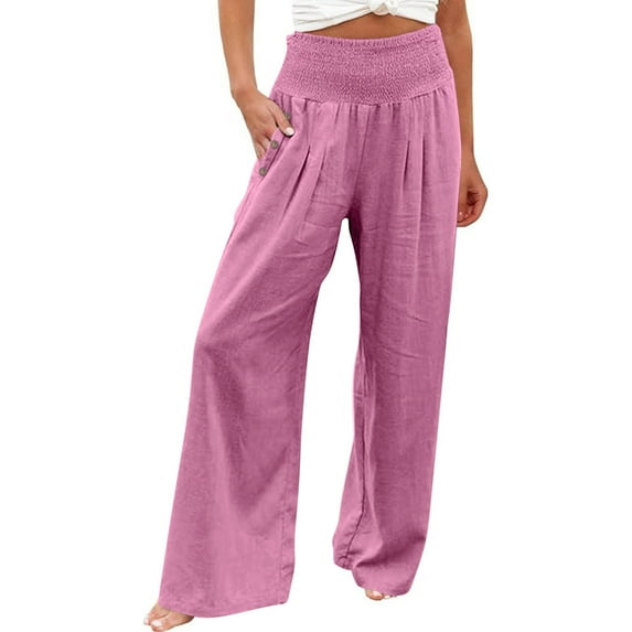 DENGDENG Wide Leg Cropped Pants for Women High Waisted Fall Pockets Athletic Pants Plus Size Cotton Linen Straight Solid Color Palazzo Elastic Pleated Loose Fit Casual Pants, Pink XXL