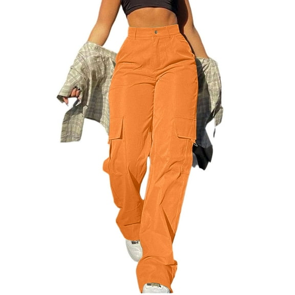 DENGDENG Woman Cargo Pants Trendy Elastic High Waisted Hiking Parachute Pants Petite Casual Baggy Pants Cute Long Y2k Streetwear Wide Leg Trousers with Pockets Saffron S