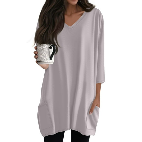 DENGDENG Women 3/4 Sleeve Tunic Tops 2025 Summer V Neck Shirts for Women for Leggings Plus Size Tees Dressy Lightweight Blouses Light Gray S