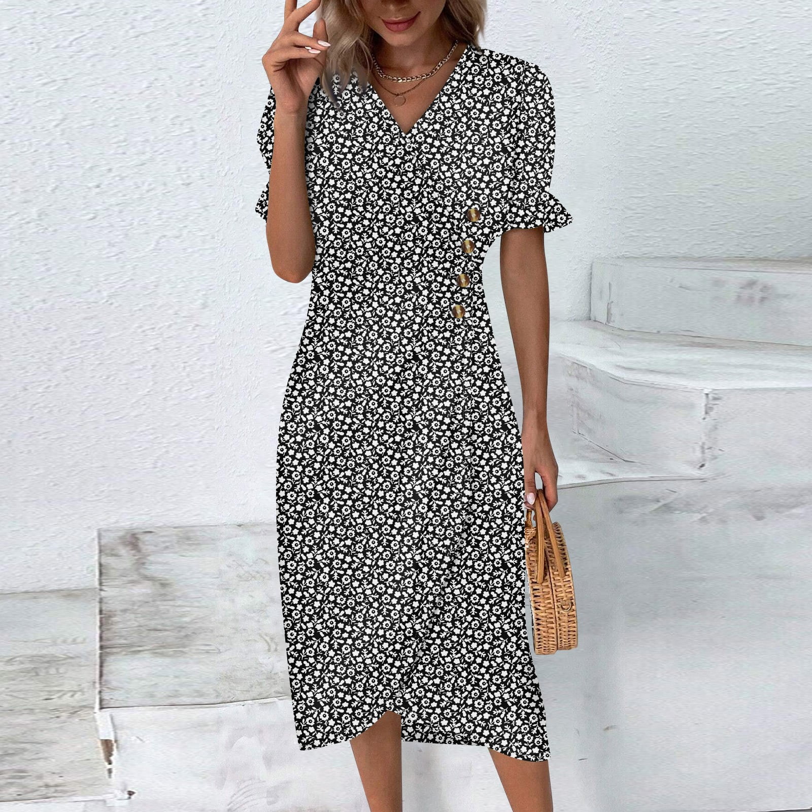 DENGDENG Women Casual Dresses Summer Flowy Ruched Floral Boho Dresses ...