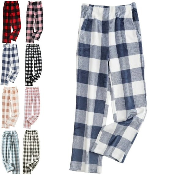 DENGDENG Women Christmas Pajamas Open Bottom Buffalo Plaid Fall Flannel Fleece Pj Pants Winter Fuzzy Loungewear Sleep Pants Plush High Waisted Cozy Loose Fit Pajama Bottoms with Pockets Blue XL