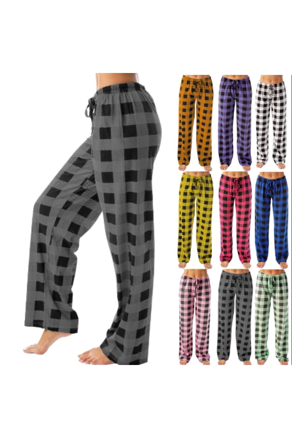 Women Christmas Pajamas Open Bottom Comfy Plaid Wide Leg Pj Pants Cotton Drawstring Sleep Pants Soft Elastic Waist Lounge Pajama Pants with Pockets Black S