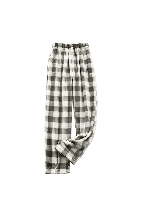 Women Flannel Pajama Pants Plaid Winter Drawstring Fuzzy Pj Pants Casual Home Trousers with Pockets Gray XL