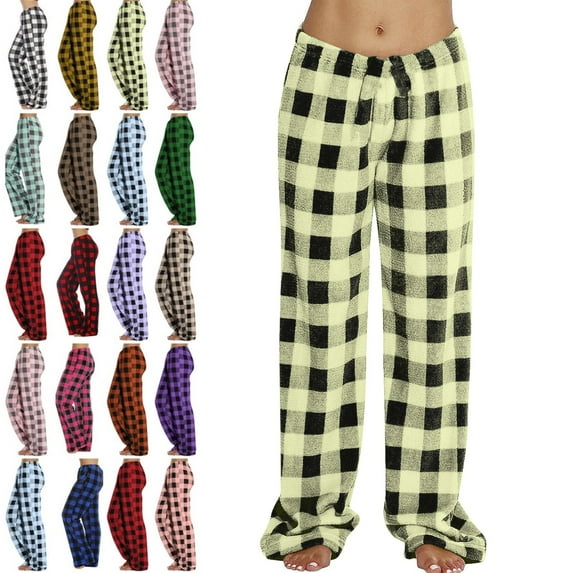 DENGDENG Women Fuzzy Pajamas Flannel Fleece Plaid Fall Christmas Pj Bottoms Winter Fuzzy Loungewear Sleep Pants Fluffy Elastic Waist Warm Baggy Pajama Pants Yellow M