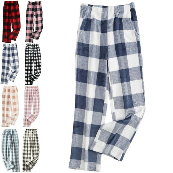 DENGDENG Women Plaid Pajama Pant Christmas Flannel Fuzzy Cozy Pajamas Bottoms Fluffy Fleece Lounge Pants Warm Straight Leg Casual Cute Pj Pants with Pockets Blue XXL